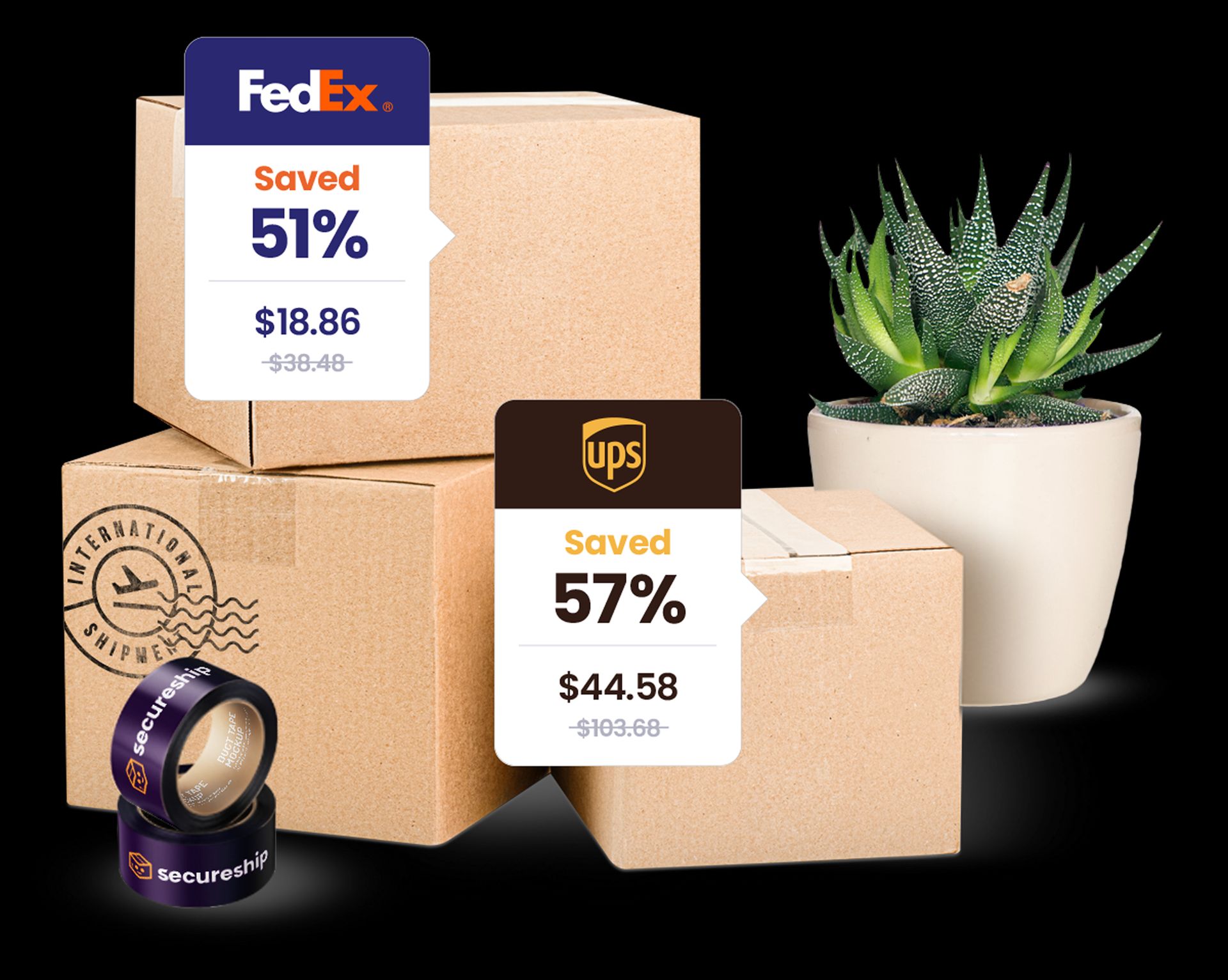 Secureship shipping dashboard, parcel boxes, and savings badge