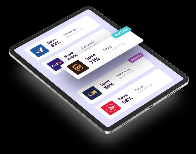 An iPad showing different shipping carriers with pricing estimation.