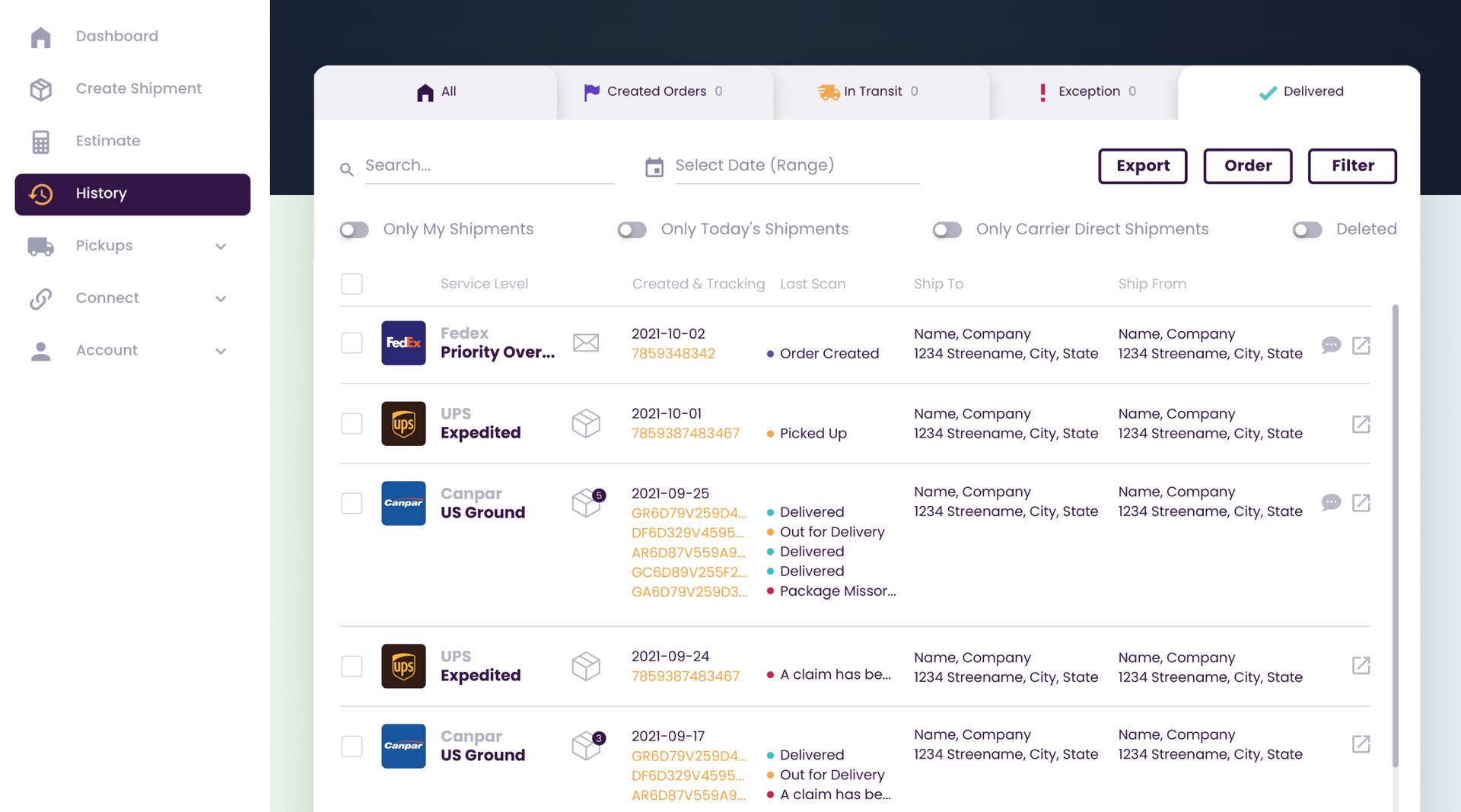 All Shipments, Fully Searchable