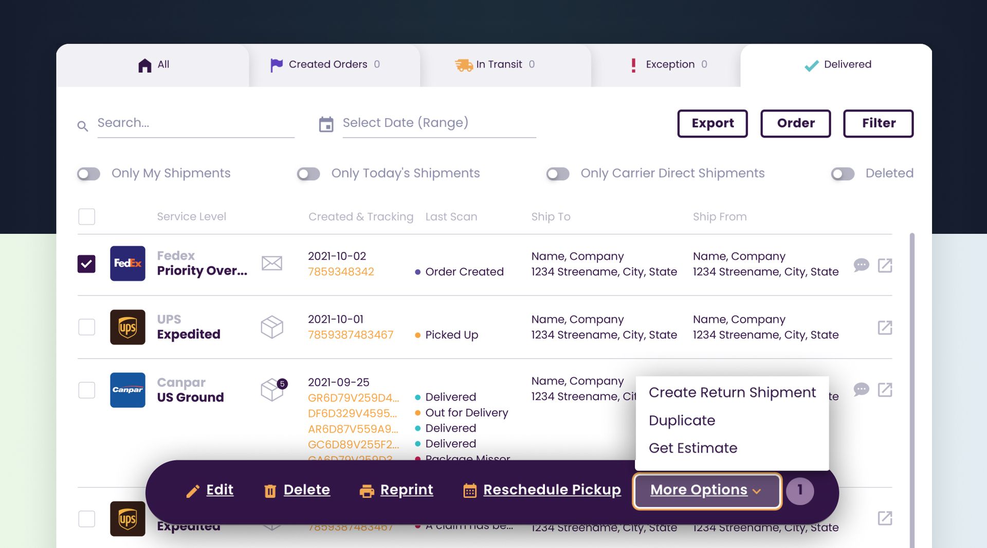 Quick Actions for Past Shipments