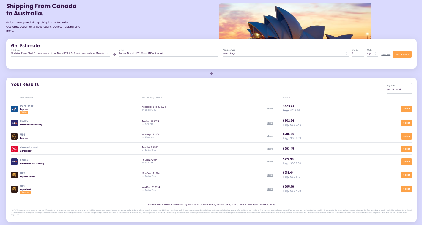 Secureship's estimator for a mid-week departure