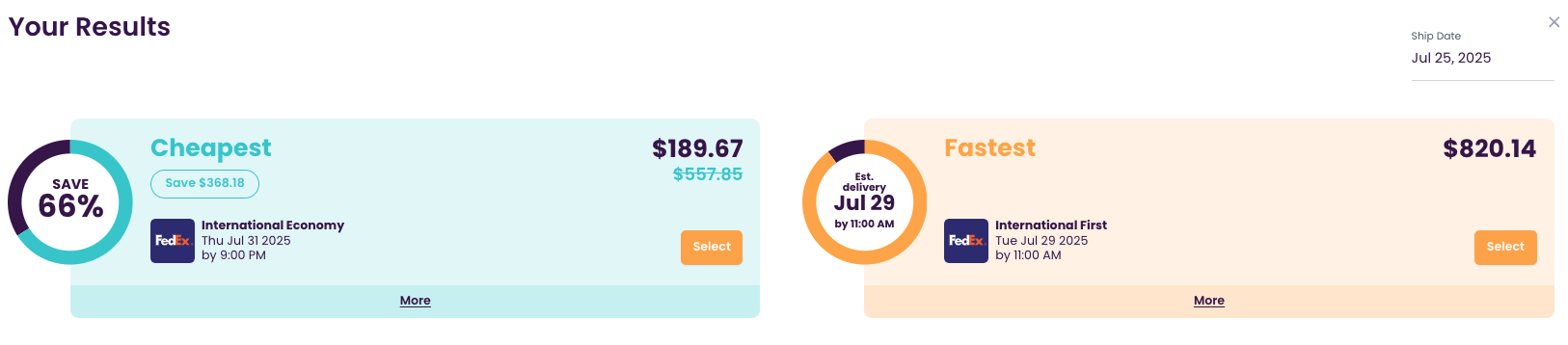Comparison of cheapest and fastest shipping rates from Canada to Mexico