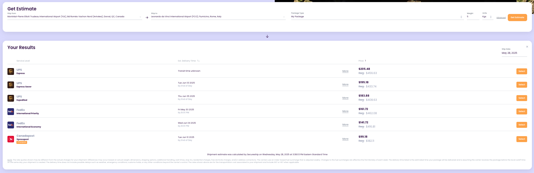 Secureship get estimate