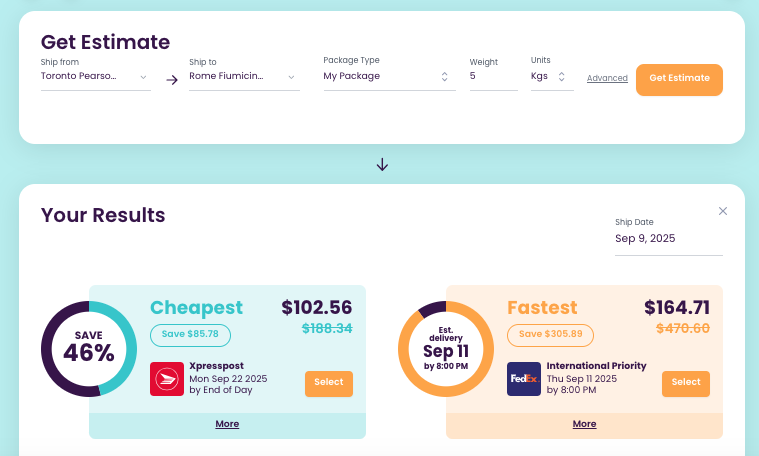Secureship shipping estimator interface