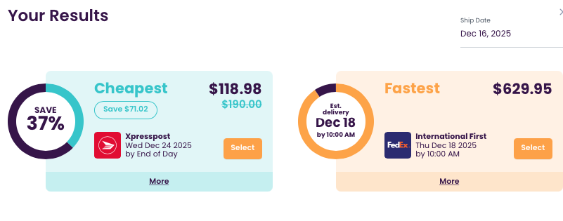 Shipping rate comparison showing delivery time impact on costs to Germany