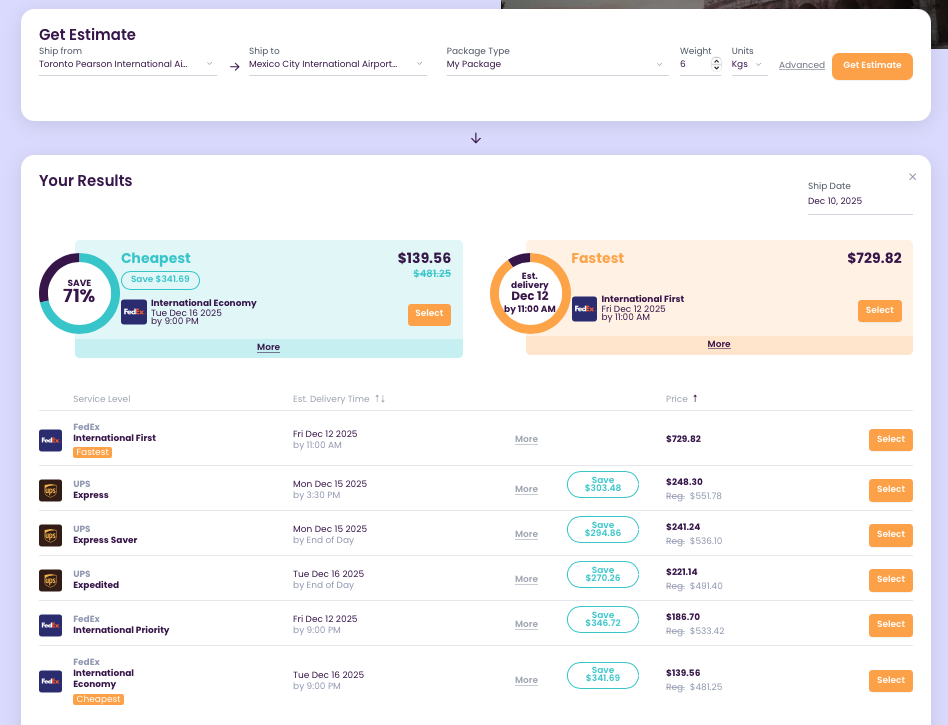 Secureship shipping rate comparison showing savings to Mexico