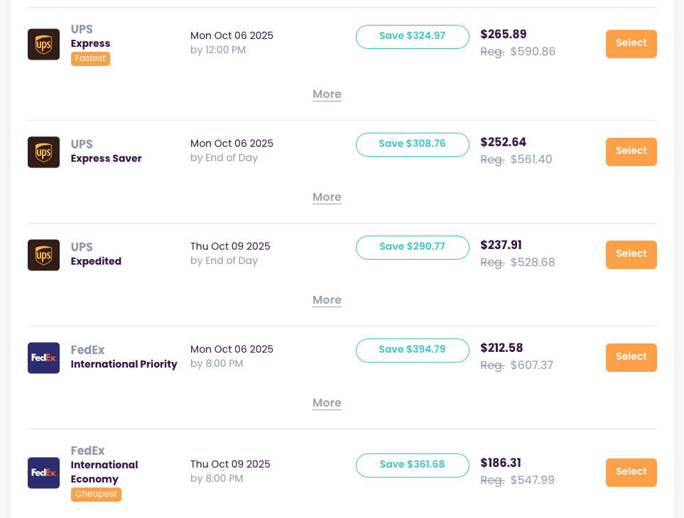 Shipping rate comparison showing Secureship discounts for courier services to Italy
