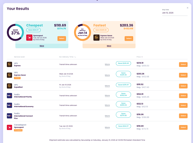 Shipping rate comparison showing Secureship discounts for courier services to Japan