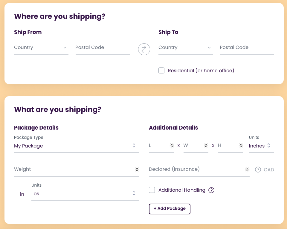 Secureship shipping estimator showing rate comparisons for shipping from Canada to Germany