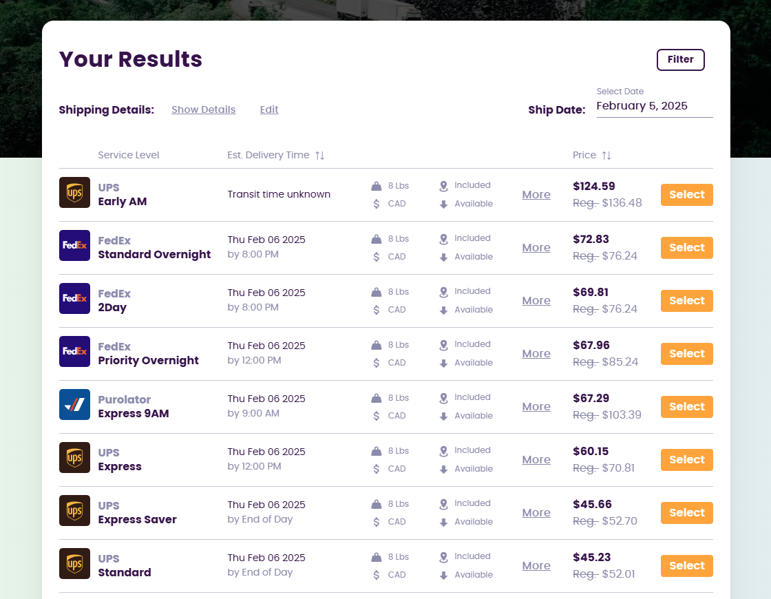 Compare rates with various carriers and easily find the lowest cost on shipping